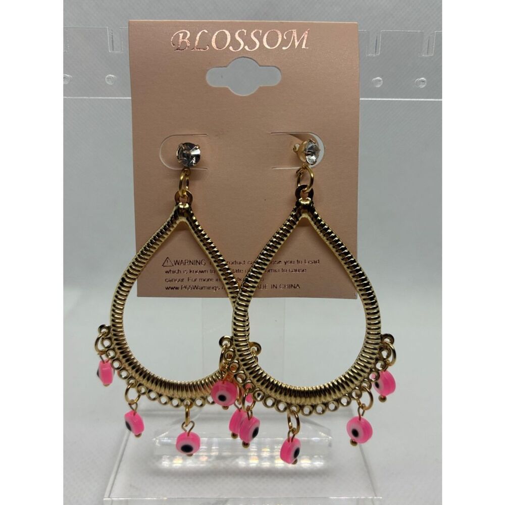 3For$20 Blossom Gold Teardrop Evil Eye Earrings with Pink Dangle Accents